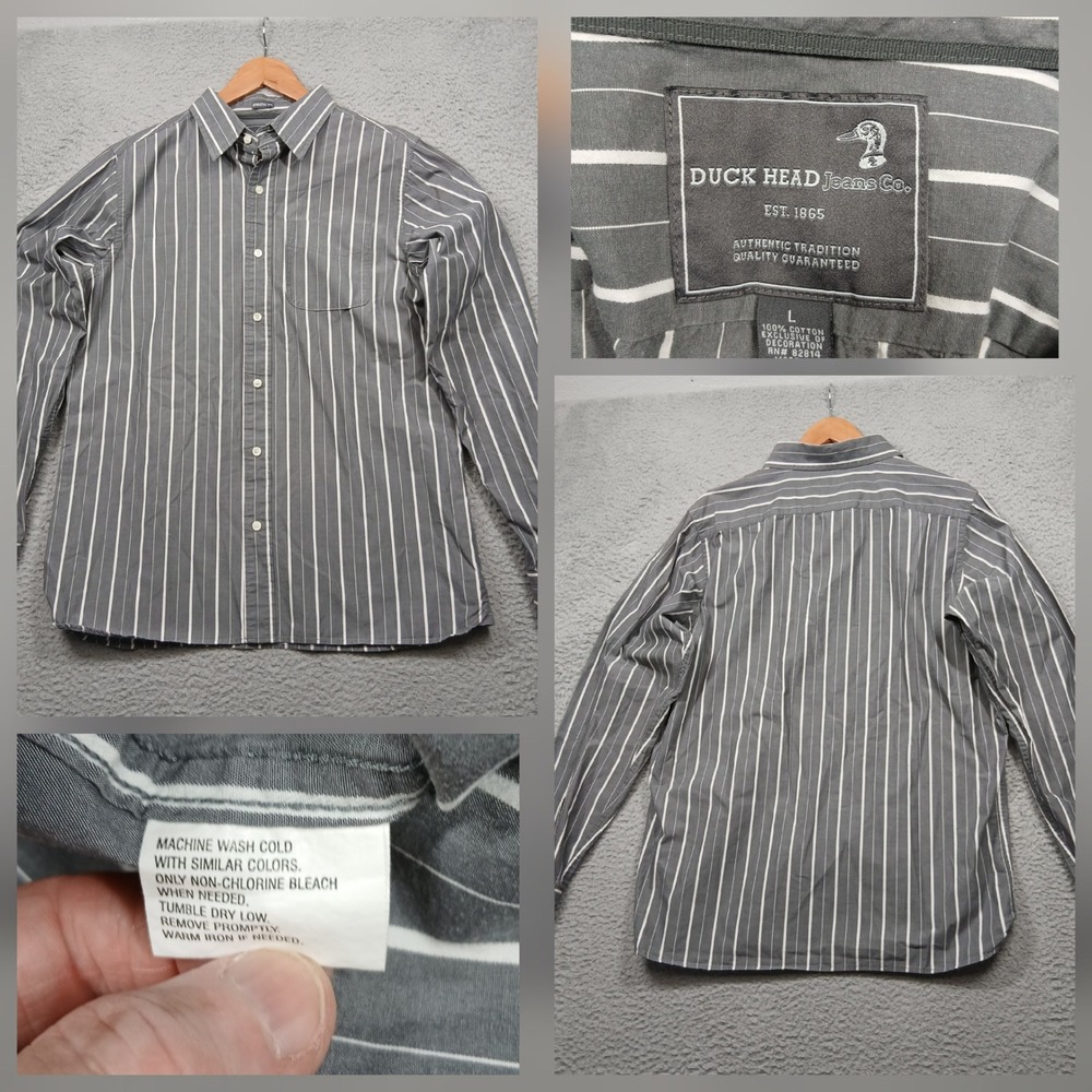 Duck‎ Head Jeans Co. Men's Button Down Shirt L Gray White Stripe Cotton